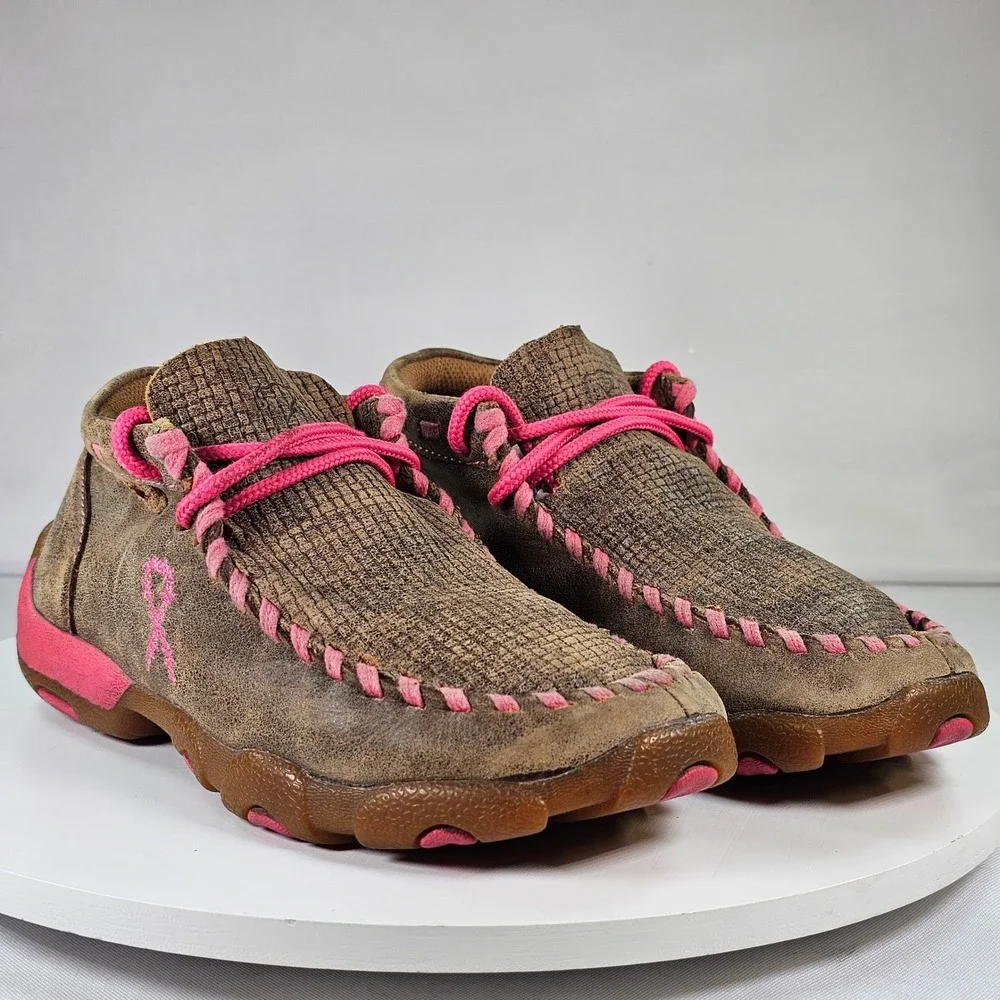 Twisted X Kids Driving Moc Brown Pink Breast Cancer Ribbon Shoes YDM0026 12.5M